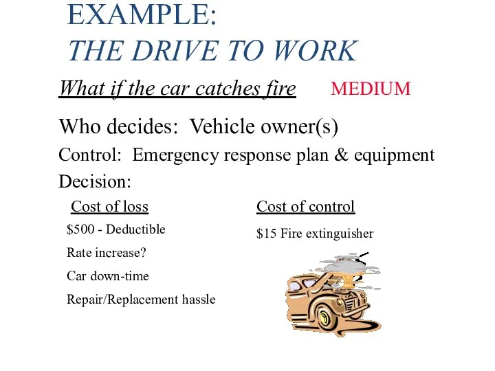 EXAMPLE: THE DRIVE TO WORK What if the car catches fire