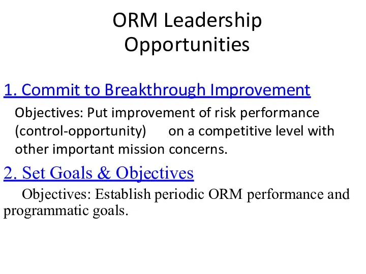ORM Leadership Opportunities 1. Commit to Breakthrough Improvement Objectives: Put improvement