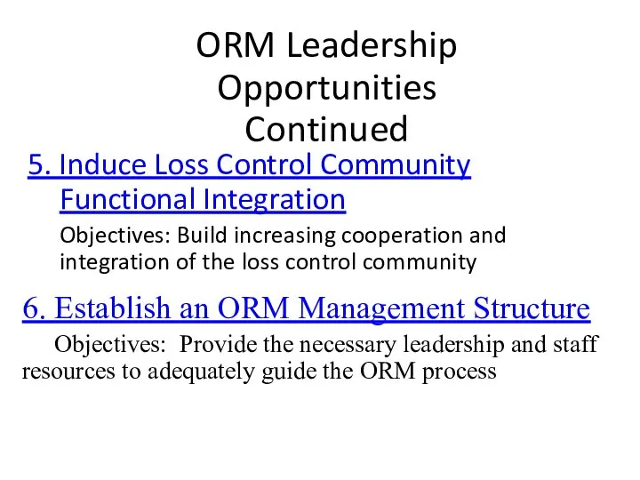 ORM Leadership Opportunities Continued 5. Induce Loss Control Community Functional Integration