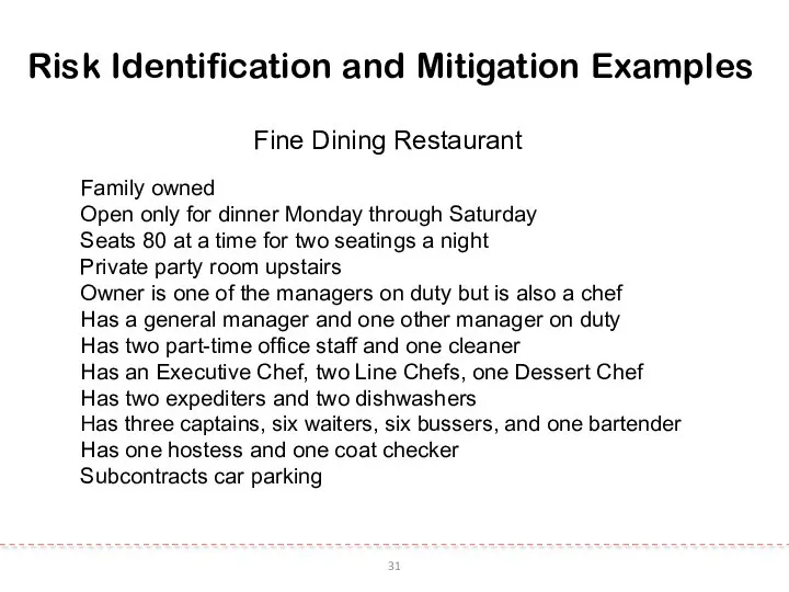 31 Risk Identification and Mitigation Examples Fine Dining Restaurant Family owned