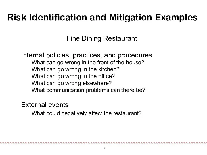 32 Risk Identification and Mitigation Examples Fine Dining Restaurant Internal policies,