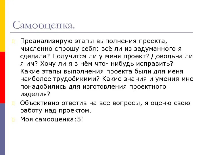 Самооценка. Проанализирую этапы выполнения проекта, мысленно спрошу себя: всё ли из