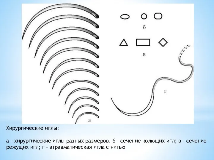 Хирургические иглы: а - хирургические иглы разных размеров. б - сечение