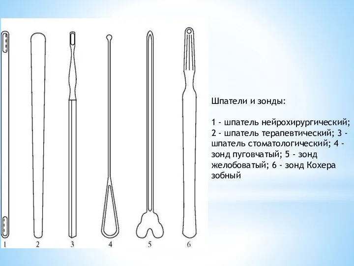 Шпатели и зонды: 1 - шпатель нейрохирургический; 2 - шпатель терапевтический;