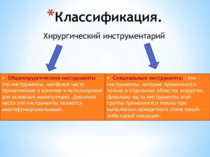 Классификация. Xирургический инструментарий • Общехирургические инструменты - это инструменты, наиболее часто