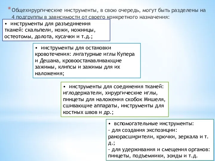 Общехирургические инструменты, в свою очередь, могут быть разделены на 4 подгруппы