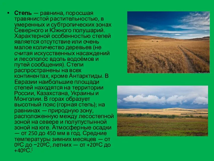 Степь — равнина, поросшая травянистой растительностью, в умеренных и субтропических зонах