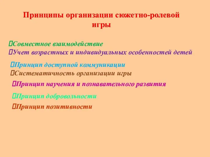 Принципы организации сюжетно-ролевой игры Совместное взаимодействие Учет возрастных и индивидуальных особенностей