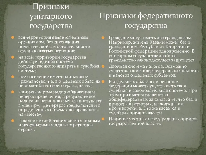 вся территория является единым организмом, без проявления политической самостоятельности отдельно взятых