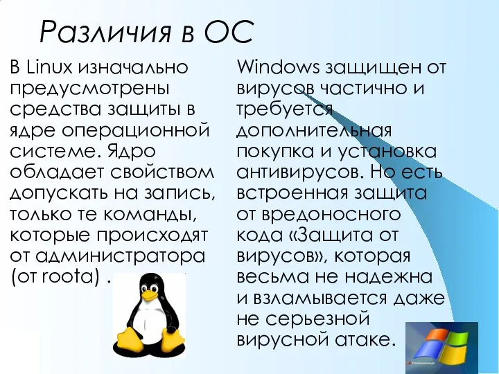 Различия в ОС В Linux изначально предусмотрены средства защиты в ядре