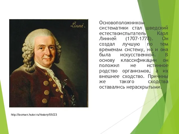 Основоположником систематики стал шведский естествоиспытатель Карл Линней (1707-1778). Он создал лучшую