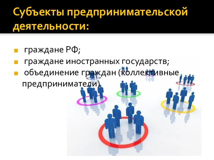 Субъекты предпринимательской деятельности: граждане РФ; граждане иностранных государств; объединение граждан (коллективные предприниматели)