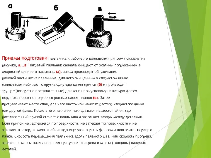 Приемы подготовки паяльника к работе легкоплавким припоем показаны на рисунке, а...в.