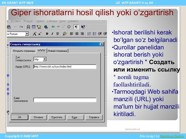 Giper ishoratlarni hosil qilish yoki o‘zgartirish Ishorat berilishi kerak bo‘lgan so‘z