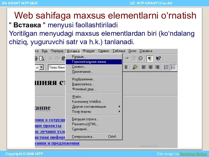 Web sahifaga maxsus elementlarni o‘rnatish " Вставка " menyusi faollashtiriladi Yoritilgan