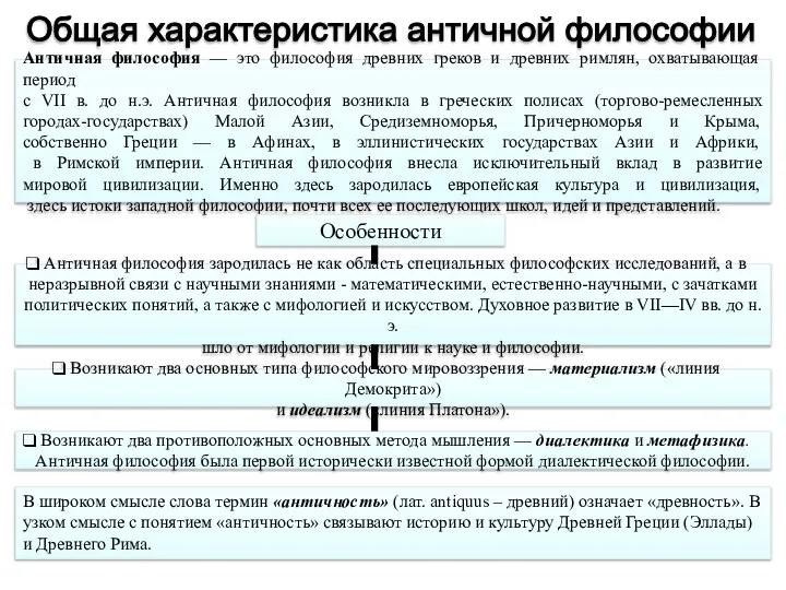 Общая характеристика античной философии Античная философия — это философия древних греков