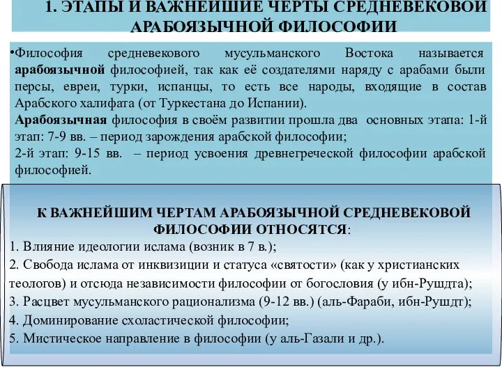 1. ЭТАПЫ И ВАЖНЕЙШИЕ ЧЕРТЫ СРЕДНЕВЕКОВОЙ АРАБОЯЗЫЧНОЙ ФИЛОСОФИИ Философия средневекового мусульманского