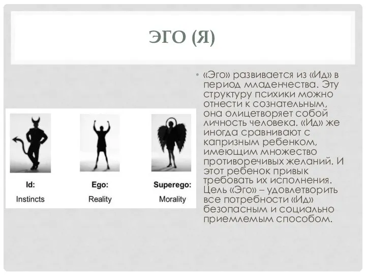 ЭГО (Я) «Эго» развивается из «Ид» в период младенчества. Эту структуру