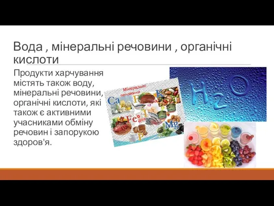 Вода , мінеральні речовини , органічні кислоти Продукти харчування містять також