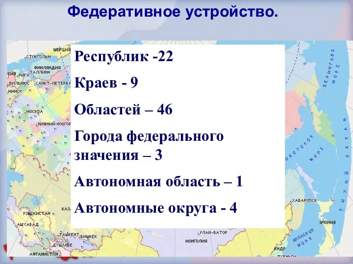 Федеративное устройство. Республик -22 Краев - 9 Областей – 46 Города