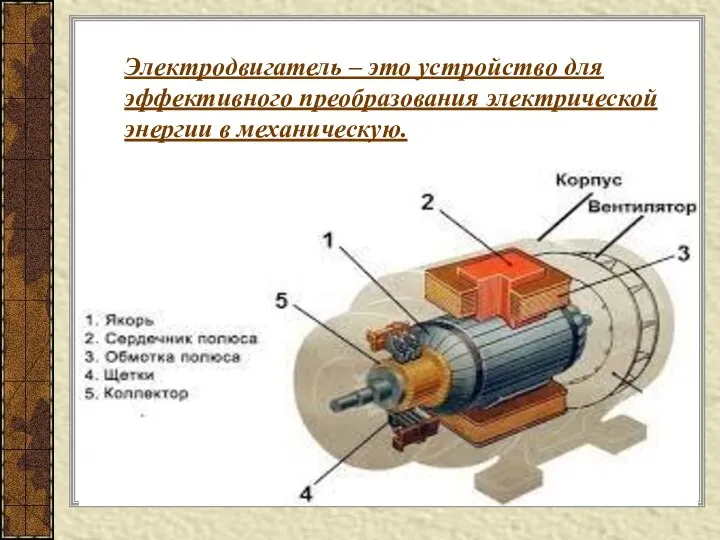 Электродвигатель – это устройство для эффективного преобразования электрической энергии в механическую. \