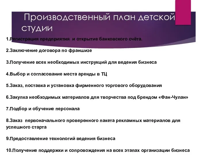 Производственный план детской студии 1.Регистрация предприятия и открытие банковского счёта. 2.Заключение