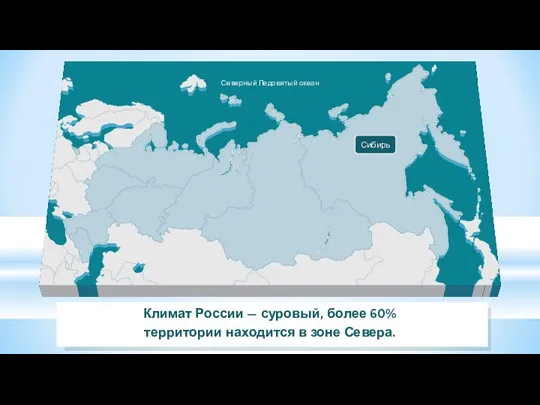 Сибирь Северный Ледовитый океан Климат России — суровый, более 60% территории находится в зоне Севера.