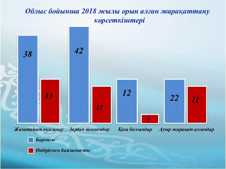 13 11 22 12 38 Жазатайым оқиғалар Зардап шеккендер Ауыр жарақат