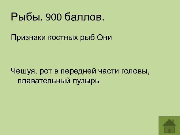 Рыбы. 900 баллов. Признаки костных рыб Они Чешуя, рот в передней части головы, плавательный пузырь