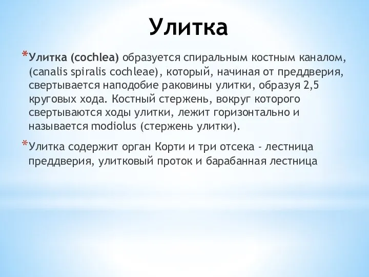 Улитка Улитка (cochlea) образуется спиральным костным каналом, (canalis spiralis cochleae), который,