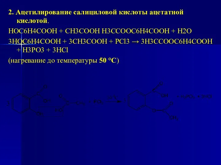 2. Ацетилирование салициловой кислоты ацетатной кислотой. HOC6H4COOH + CH3COOH H3CCOOC6H4COOH +