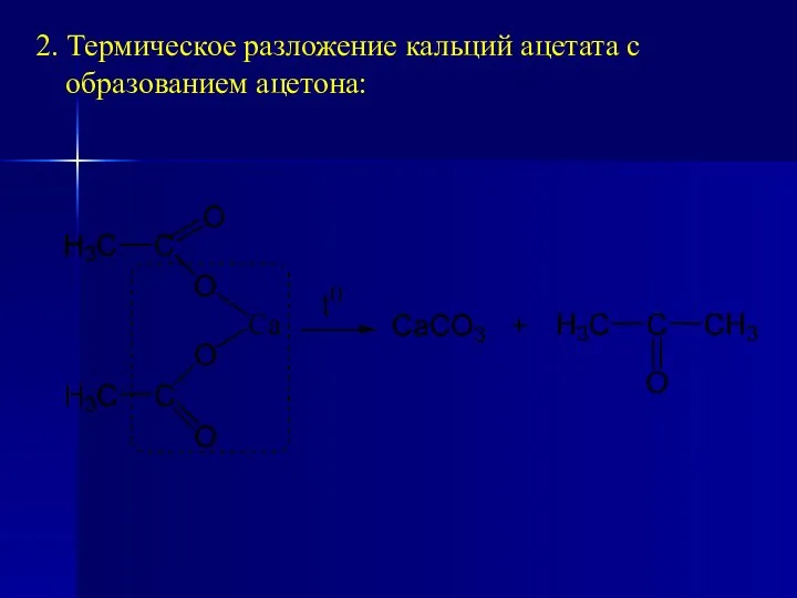 2. Термическое разложение кальций ацетата с образованием ацетона: