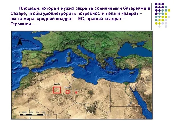 Площади, которые нужно закрыть солнечными батареями в Сахаре, чтобы удовлетрорить потребности