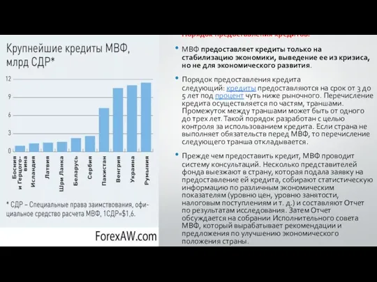 Порядок предоставления кредитов: МВФ предоставляет кредиты только на стабилизацию экономики, выведение