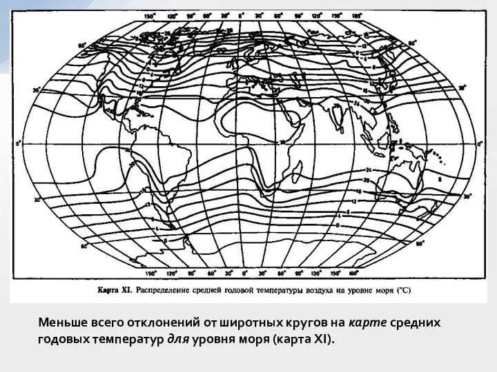 Меньше всего отклонений от широтных кругов на карте средних годовых температур для уровня моря (карта XI).