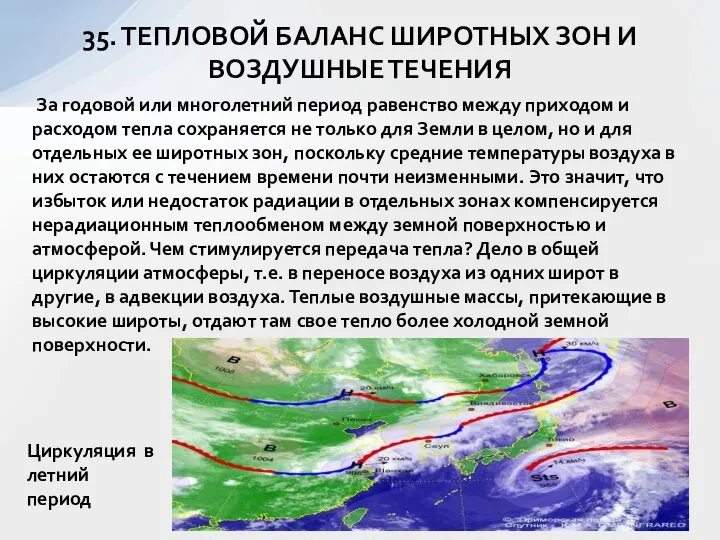 35. ТЕПЛОВОЙ БАЛАНС ШИРОТНЫХ ЗОН И ВОЗДУШНЫЕ ТЕЧЕНИЯ За годовой или