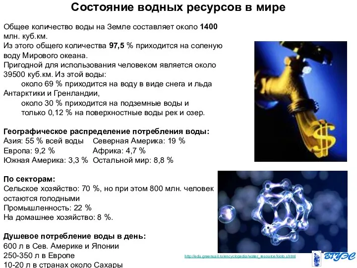 Состояние водных ресурсов в мире Общее количество воды на Земле составляет