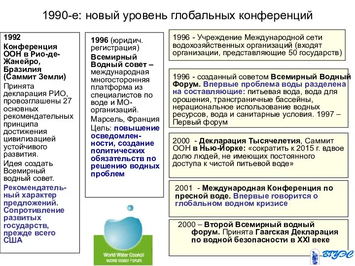 1990-е: новый уровень глобальных конференций 1992 Конференция ООН в Рио-де-Жанейро, Бразилия