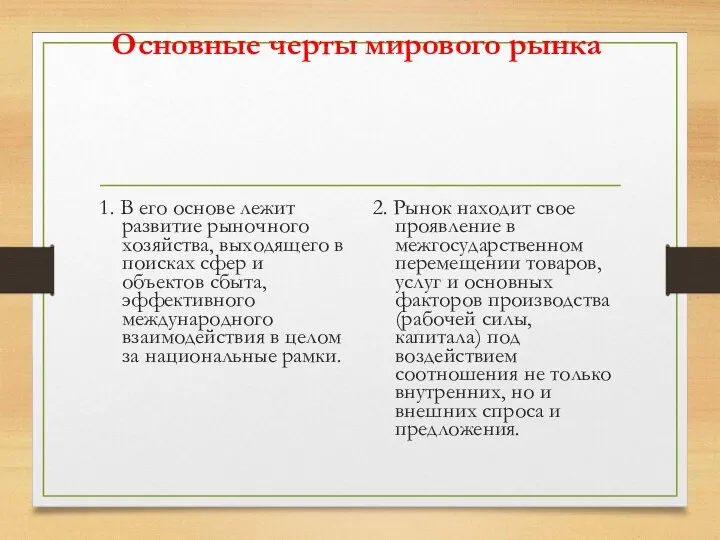 Основные черты мирового рынка 1. В его основе лежит развитие рыночного