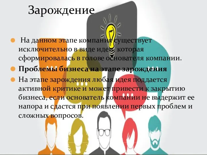 Зарождение На данном этапе компания существует исключительно в виде идеи, которая