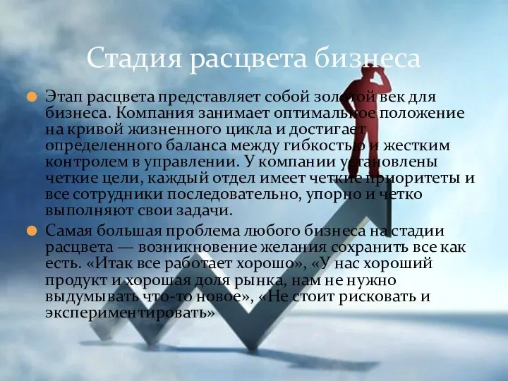 Этап расцвета представляет собой золотой век для бизнеса. Компания занимает оптимальное