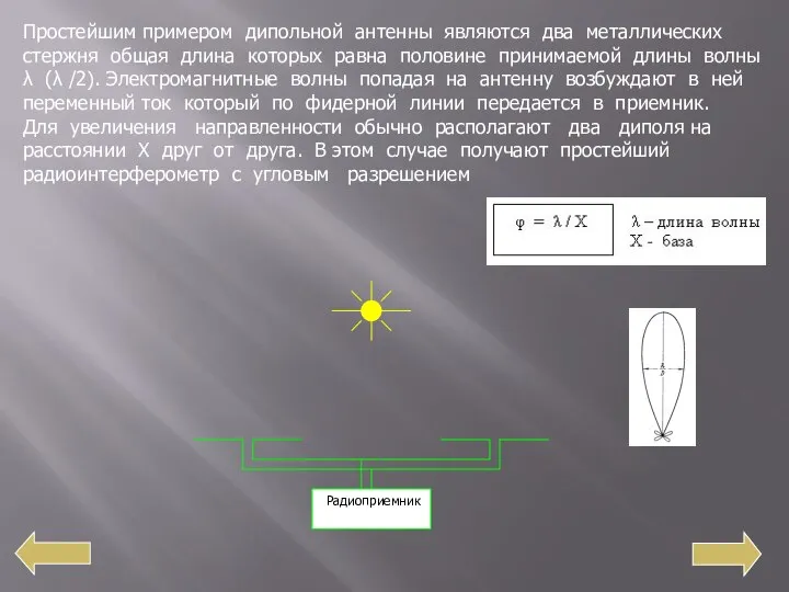 Простейшим примером дипольной антенны являются два металлических стержня общая длина которых