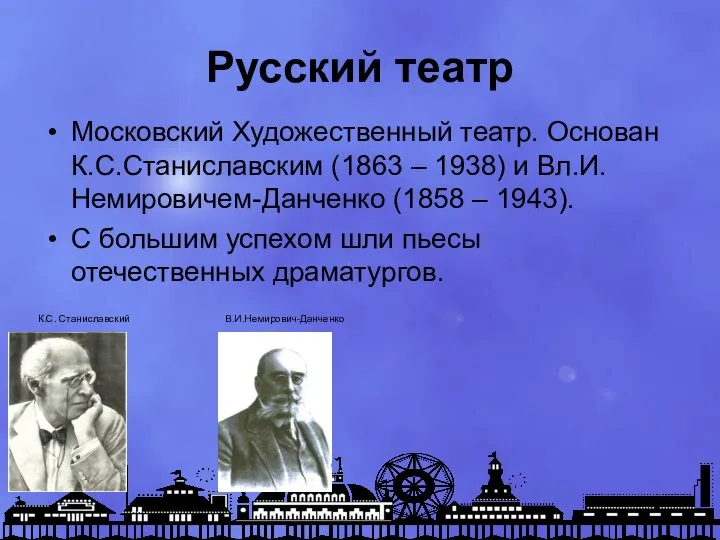 Русский театр Московский Художественный театр. Основан К.С.Станиславским (1863 – 1938) и