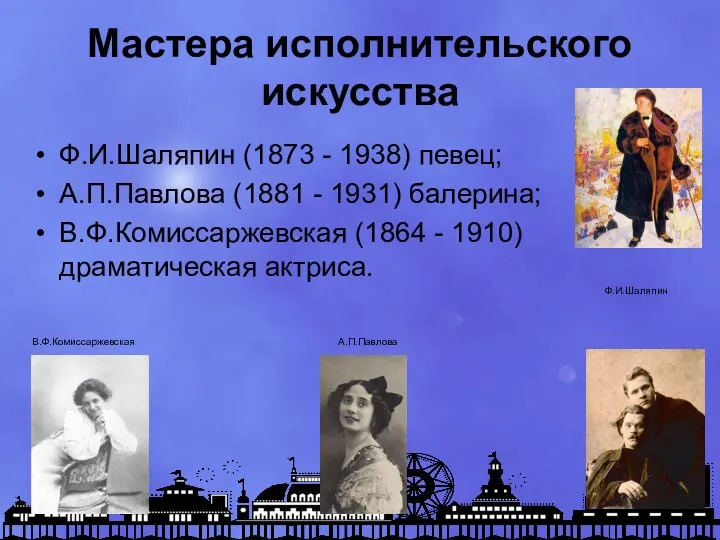 Мастера исполнительского искусства Ф.И.Шаляпин (1873 - 1938) певец; А.П.Павлова (1881 -