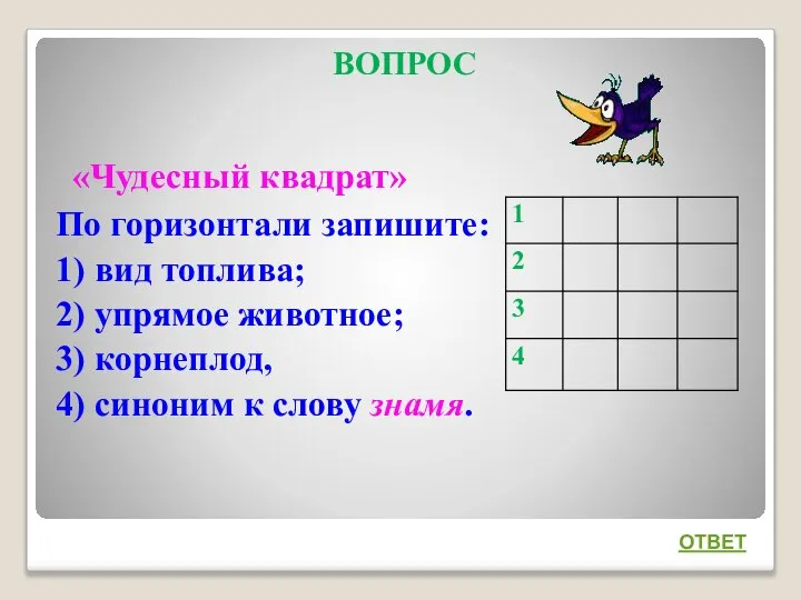 ВОПРОС «Чудесный квадрат» По горизонтали запишите: 1) вид топлива; 2) упрямое