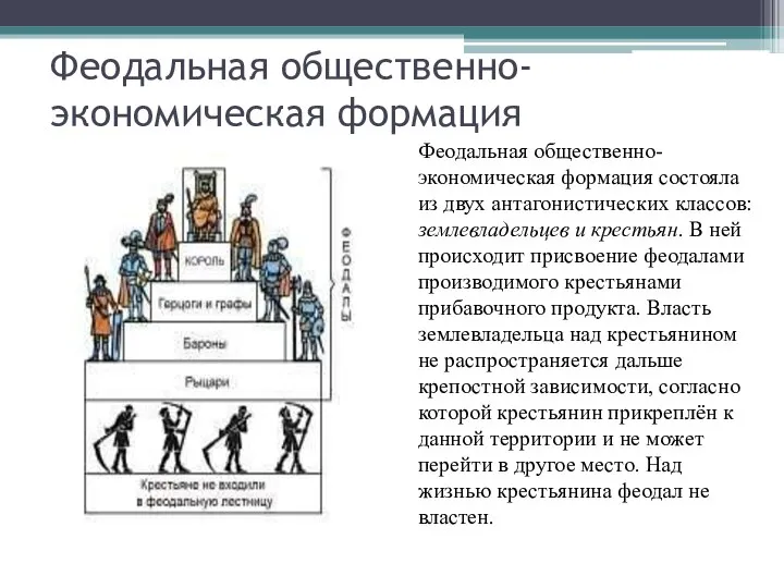 Феодальная общественно-экономическая формация Феодальная общественно-экономическая формация состояла из двух антагонистических классов: