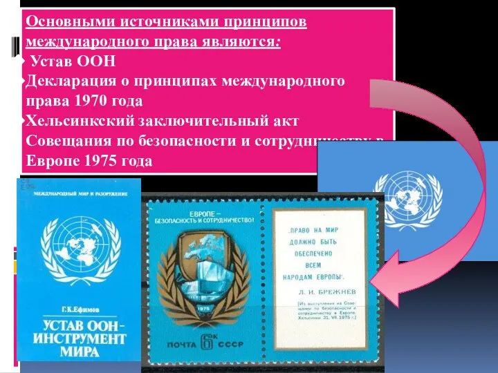 Основными источниками принципов международного права являются: Устав ООН Декларация о принципах