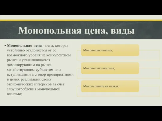 Монопольная цена, виды Монопольная цена - цена, которая устойчиво отклоняется от