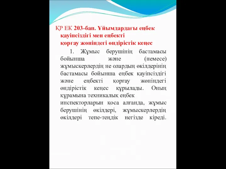 ҚР ЕК 203-бап. Ұйымдардағы еңбек қауіпсіздігі мен еңбекті қорғау жөніндегі өндірістік