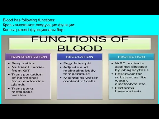 Blood has following functions: Кровь выполняет следующие функции: Қанның келесі функциялары бар: